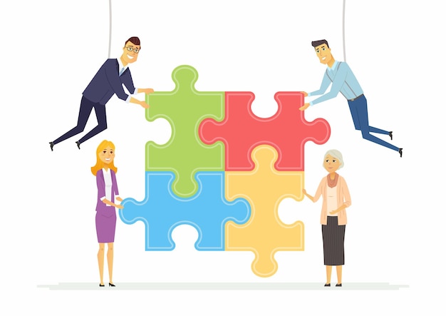 Construção de equipe em uma empresa - ilustração de personagens de desenhos animados modernos com empresários sorridentes de diferentes gêneros e idades fazendo um quebra-cabeça. Conceito metafórico criativo de unidade e trabalho em equipe