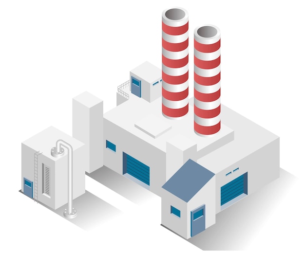 Construção de fábrica de ilustração de conceito de design isométrico com chaminé