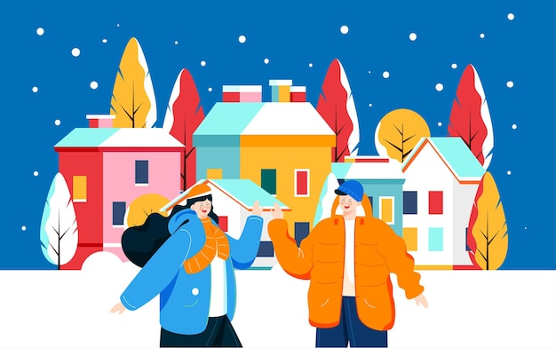 Construção de inverno neve cena ilustração inverno personagem cidade estrada cartaz ao ar livre