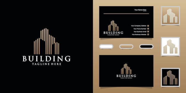 Construção de logotipo com modelo de design dourado e cartão de visita