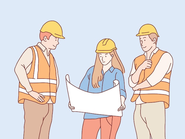 Construção homem mulher trabalhadores trabalho em equipe colaboração na planta planejando ilustração de estilo coreano simples