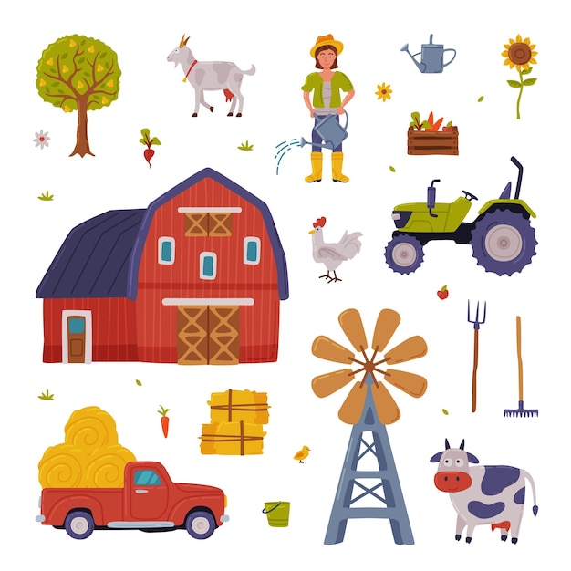Construção rural e coleção de objetos agrícolas Casa de fazenda Moinho de vento Animais de pecuária Agricultura e agricultura Conceito Ilustração vetorial de estilo de desenho animado