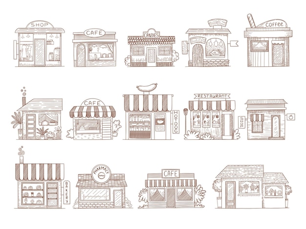 Construções desenhadas à mão. Ilustrações de mercado de restaurante e bar de loja de farmácia.