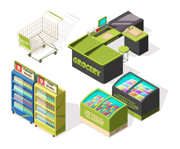 Construções isométricas para supermercado ou armazém. carrinho de compras, terminal e balcões de comida