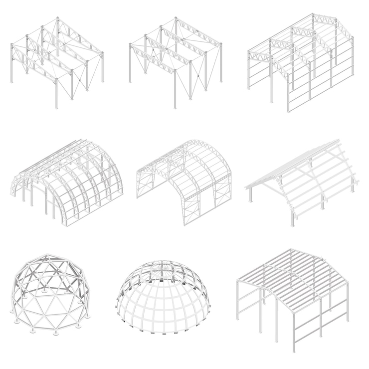 Vetor construções metálicas com símbolos de edifícios industriais ilustração vetorial isométrica isolada