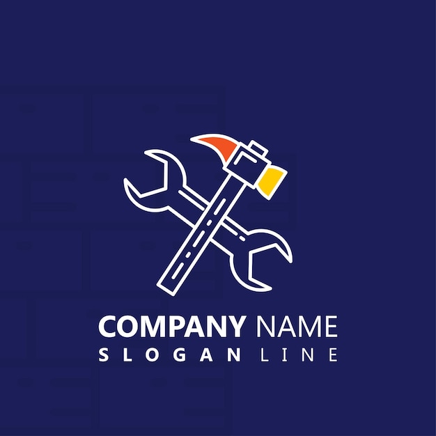 Construções nome da empresa com fundo azul e martelo e chave de logotipo
