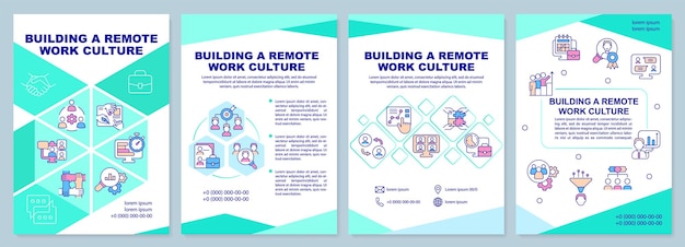 Construindo modelo de folheto de cultura de trabalho remoto com hortelã escritório online design de folheto com ícones lineares 4 layouts vetoriais para apresentação de relatórios anuais fontes arialblack myriad proregular usadas