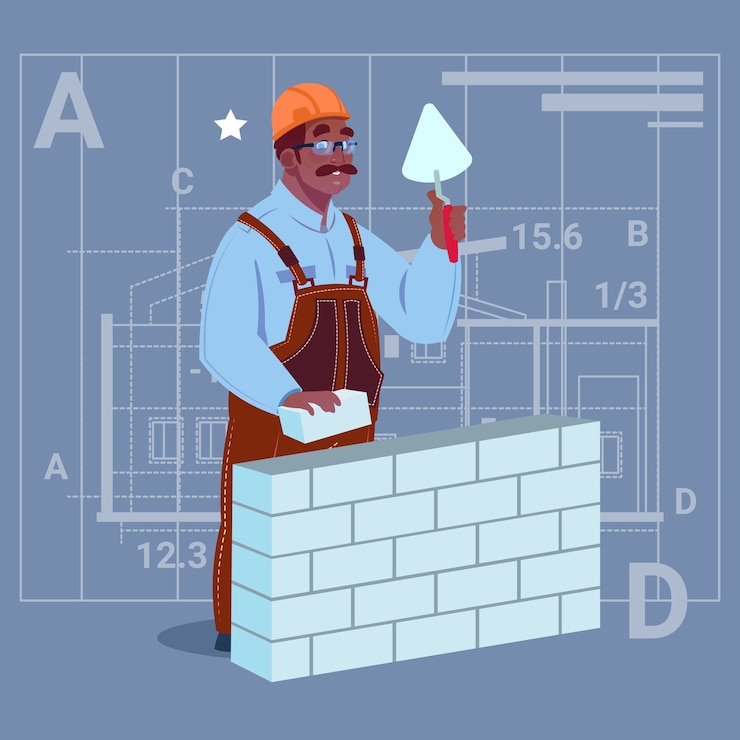Vetor construtor americano africano dos desenhos animados, que fixa a parede de tijolo