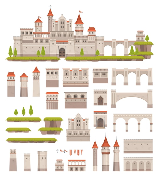 Construtor de castelo medieval, jogo infantil. Elementos da arquitetura do palácio do vetor dos desenhos animados, torres, portões, fortaleza e bandeiras, plantas verdes e terras. Kit isolado de conto de fadas ou edifício real histórico