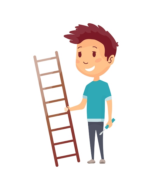 Construtor de crianças. Pequeno trabalhador. Crianças com escada e chave de fenda, fazendo trabalho. Garoto engraçado pronto para reparos.