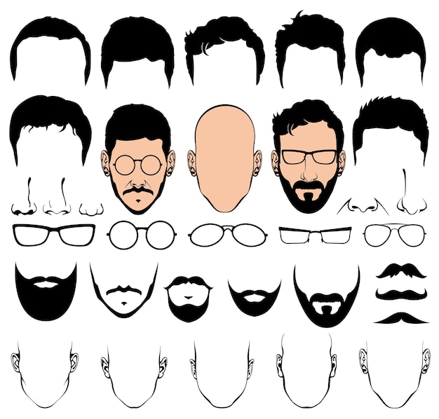 Construtor de design com formas de silhueta de vetor de cabeça de homem de cortes de cabelo, óculos, barbas, bigodes. h