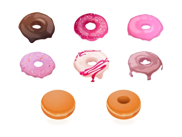 Construtor de Donuts Kit de criação de esmaltes de donuts diferentes realista fabricante de sobremesas de bolo de donuts mistura de cobertura de doces de gelo doces de biscoito tipo biscoito 3d ilustração vetorial exata
