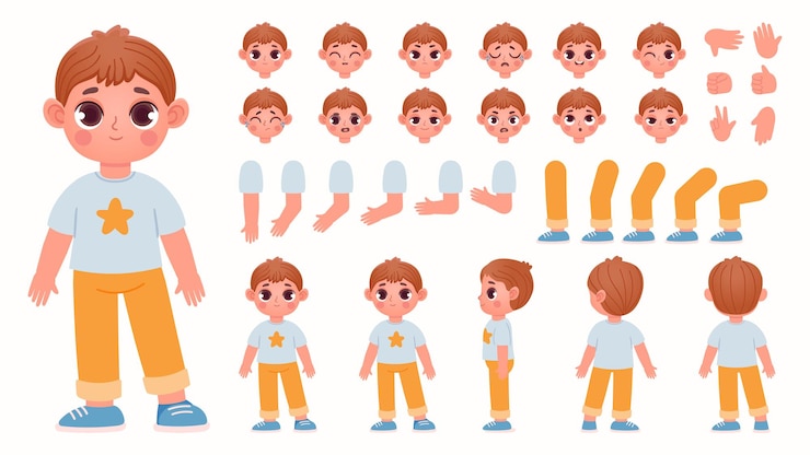 Vetor construtor de personagem de desenho animado menino com partes do corpo e emoções de rosto. expressões infantis, poses de perna e gestos com as mãos para conjunto de vetores de animação