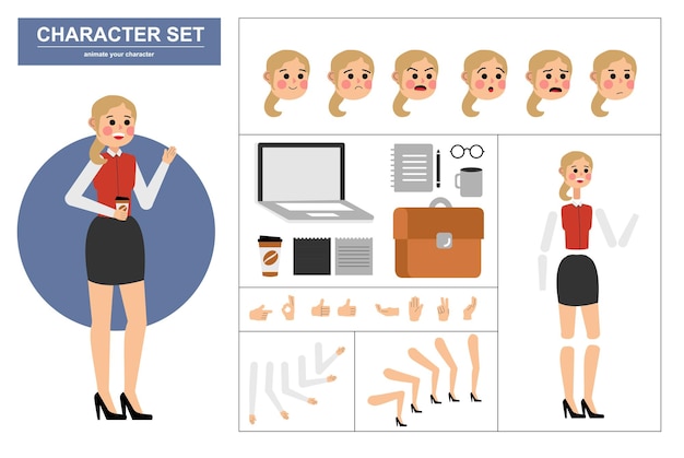 Vetor construtor de personagem de mulher de escritório com várias visões enfrenta emoções posa gestos e ferramentas de escritório