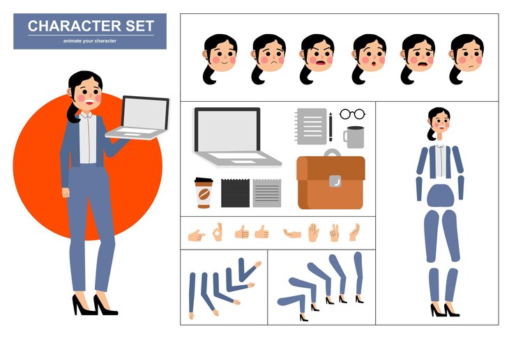 Construtor de personagem de mulher de escritório com várias visões enfrenta emoções posa gestos e ferramentas de escritório