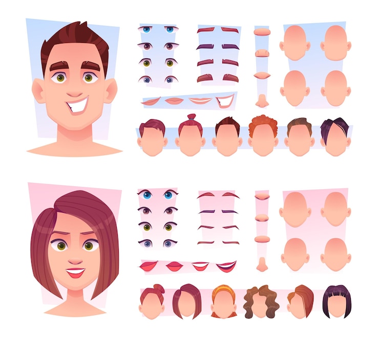 Vetor construtor de rosto masculino partes do rosto do homem kit de criação de avatar lábios nariz olhos cabeça várias emoções ilustrações vetoriais exatas no estilo cartoon