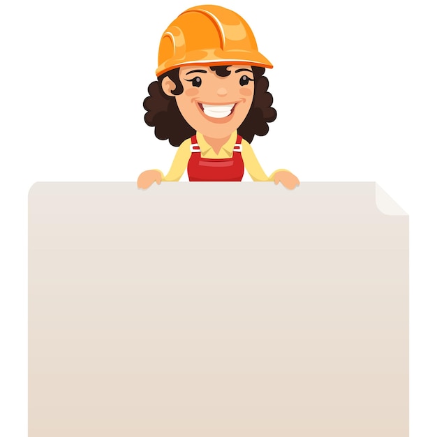 Vetor construtor feminino olhando para o cartaz em branco no topo
