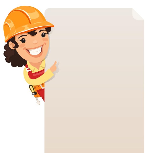 Construtor feminino olhando para o cartaz em branco