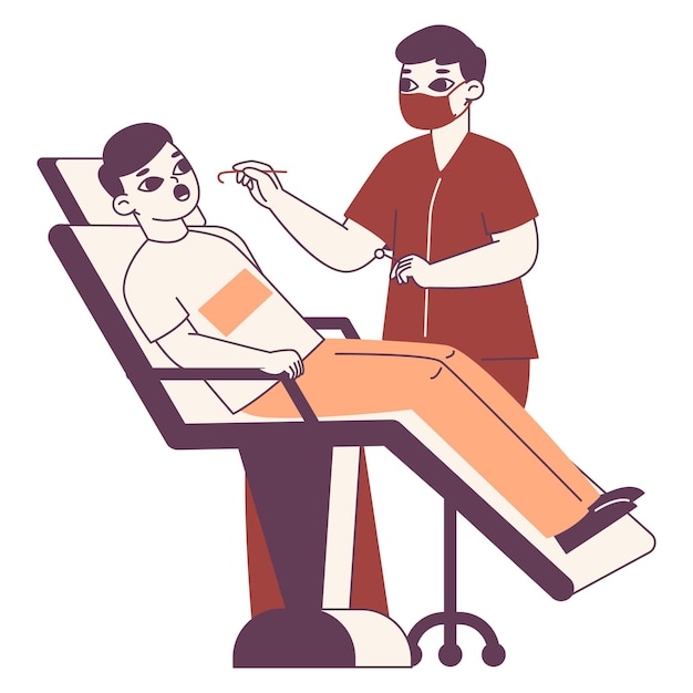 Consulta de clínica odontológica dentista com ferramentas e paciente estabelecem os dentes da cadeira odontológica e conceito de estomatologia de tratamento odontológico ilustração vetorial plana isolada no fundo branco