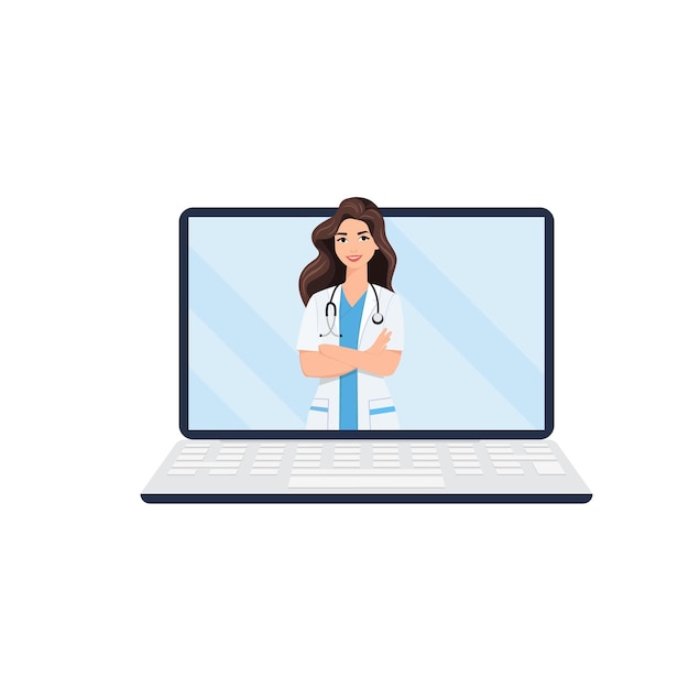 Consulta e suporte médico online Médico online Serviços de saúde Pergunte a um médico Terapeuta de família com estetoscópio na tela do laptop Pessoas que procuram ajuda médica