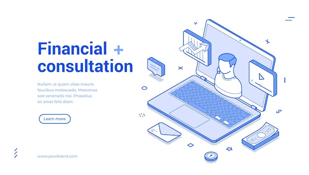 Consulta financeira on-line conselheiro remoto reunião de negócios web banner vetor isométrico