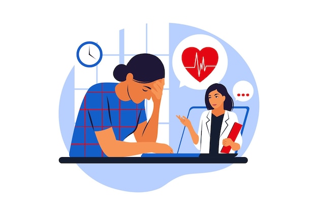 Consulta médica. Consulta online. Tecnologias modernas de saúde. Mulher falando com a médica na tela do laptop. Ilustração vetorial Plano
