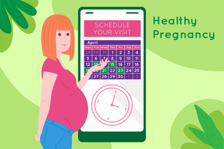 Consulta médica para gravidez. Mulher jovem bonita feliz grávida marca uma consulta com um médico usando um calendário. Ilustração em vetor plana dos desenhos animados de uma mulher que aguarda o nascimento de uma criança.