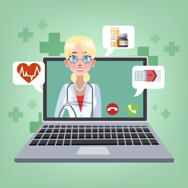 Vetor consulta online com ilustração médica