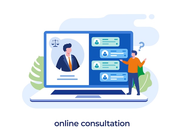 Consulta online, conceito de escritório de advocacia e serviços jurídicos, advogado, julgamento, vetor de ilustração plana