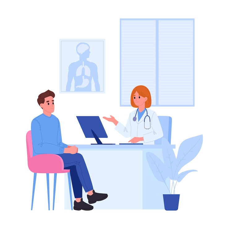 Vetor consultas com o médico trabalhador da clínica com o médico doente diagnosticando e aconselhando o paciente ilustração de vetor plano conceito de cuidados de saúde e medicina