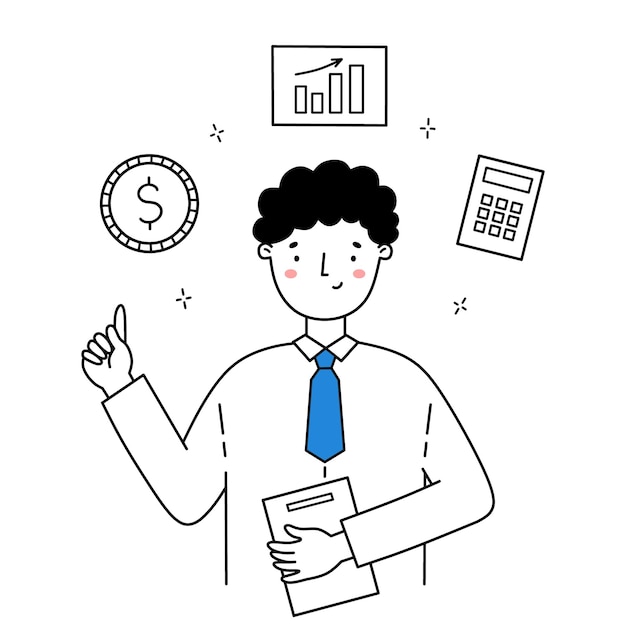 Consultor financeiro masculino dando consulta ilustração desenhada à mão no estilo doodle