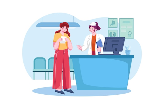 Consultoria de recepcionista de hospital com a ilustração do paciente