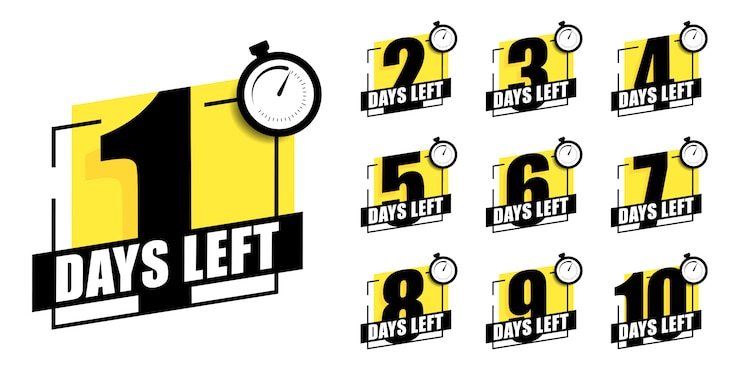 Vetor contagem regressiva de dias 1,2,3,4,5,6,7,8,9,10. os dias deixaram emblemas. está em contagem regressiva, um dia deixei um crachá e uma etiqueta para calcular a data do trabalho. cronômetro de oferta, adesivo limitado a alguns dias.