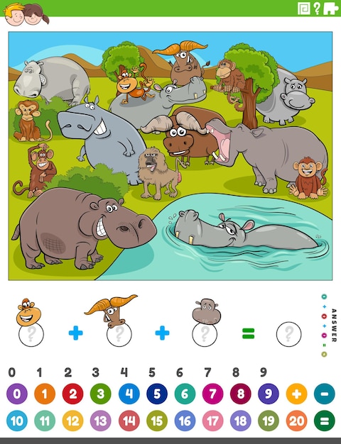 Contando e adicionando jogos com animais selvagens de desenho animado