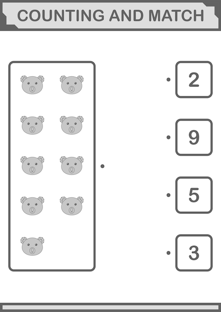 Contando e combinando o rosto de coala planilha para crianças