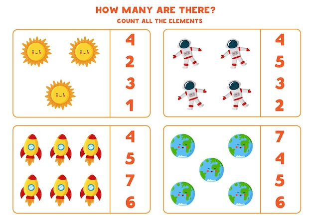 Contando o jogo com desenho bonito sol, astronauta, foguete e terra. planilha de matemática.