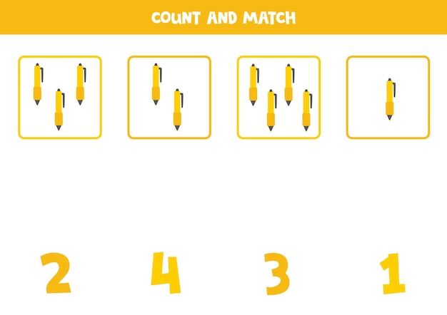 Contando o jogo com lindas canetas de escrita. planilha de matemática.