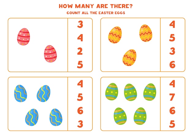 Contando o jogo com ovos de páscoa de desenhos animados. planilha de matemática.