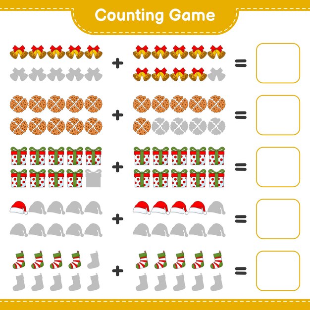 Contando o jogo, conte o número de biscoito, sino de natal, meia, caixa de presente, chapéu e escreva o resultado. jogo educativo para crianças, planilha para impressão, ilustração vetorial