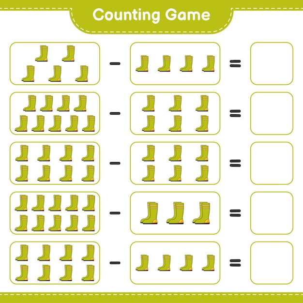 Contando o jogo, conte o número de botas de borracha e escreva o resultado. jogo educativo para crianças, planilha para impressão