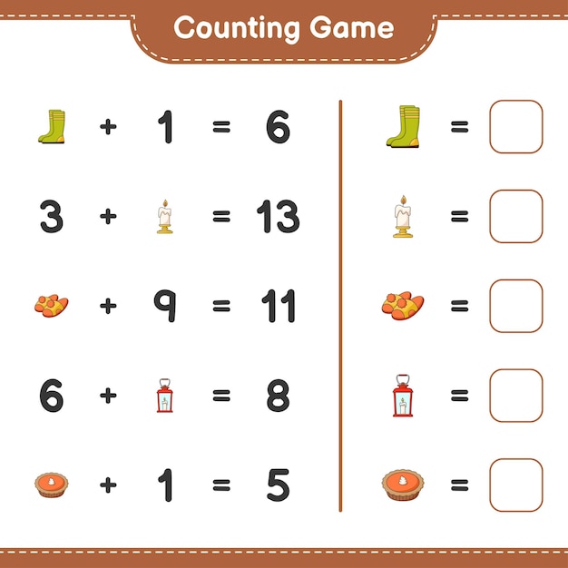 Contando o jogo, conte o número de botas de borracha, vela, chinelos, lanterna, torta e escreva o resultado. jogo educativo para crianças, planilha para impressão