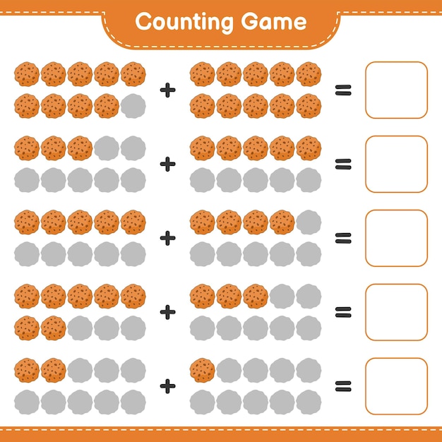 Contando o jogo, conte o número de cookie e escreva o resultado. jogo educativo para crianças, planilha para impressão, ilustração vetorial