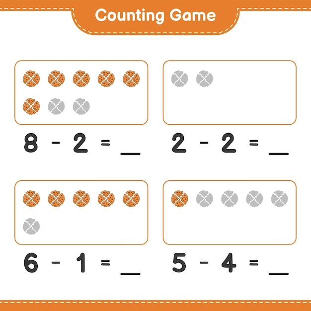 Contando o jogo, conte o número de cookie e escreva o resultado. jogo educativo para crianças, planilha para impressão, ilustração vetorial