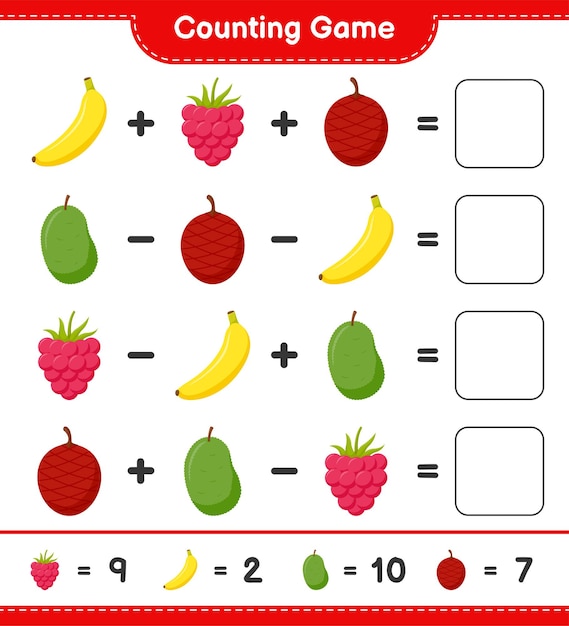 Contando o jogo, conte o número de frutas e escreva o resultado. jogo educativo para crianças, planilha para impressão, ilustração