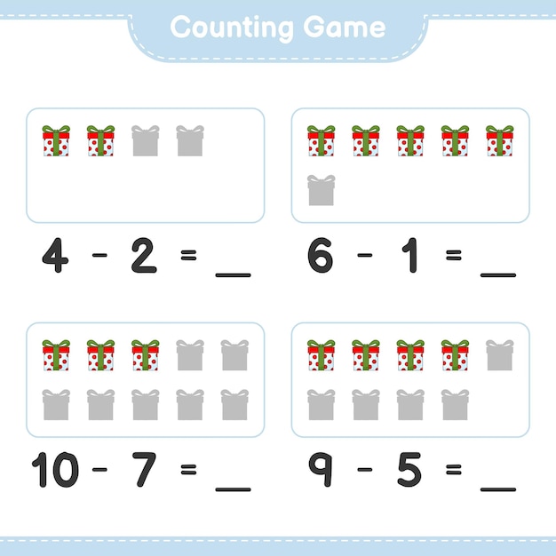 Contando o jogo, conte o número de gift box e escreva o resultado. jogo educativo para crianças, planilha para impressão, ilustração vetorial