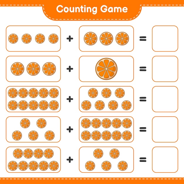 Contando o jogo, conte o número de laranja e escreva o resultado. jogo educativo para crianças