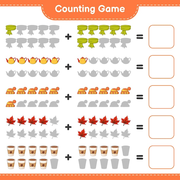 Contando o jogo, conte o número de lenço, bule de chá, chapéu, folha de bordo, xícara de café e escreva o resultado. jogo educativo para crianças, planilha para impressão