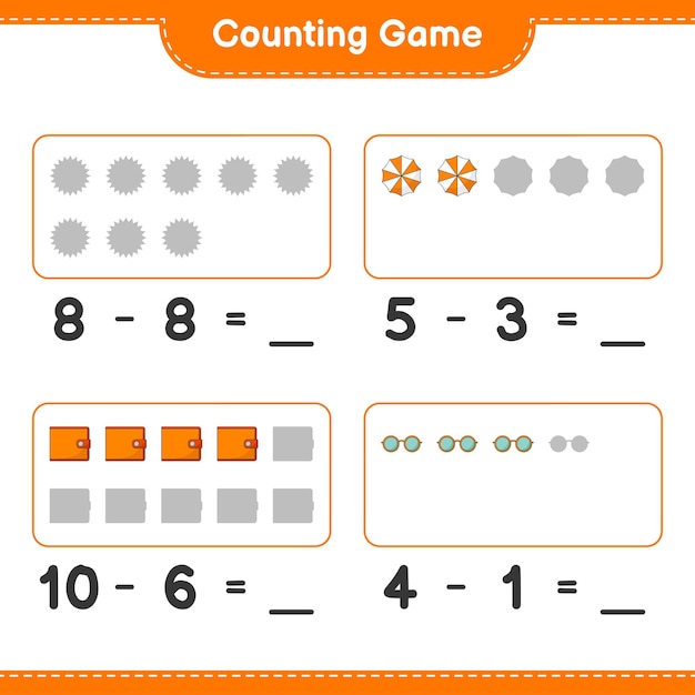 Contando o jogo, conte o número de óculos de sol carteira sun beach umbrella e escreva o resultado