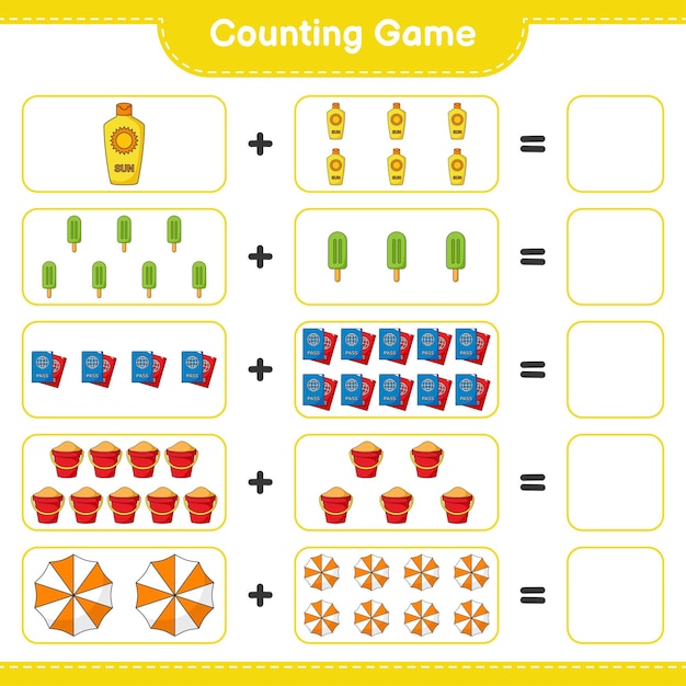 Contando o jogo, conte o número de protetor solar, sorvete, passaporte, balde de areia, guarda-chuva de praia e escreva o resultado. jogo educativo para crianças, planilha para impressão, ilustração vetorial