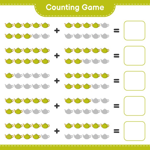 Contando o jogo, conte o número de tea pot e escreva o resultado. jogo educativo para crianças, planilha para impressão